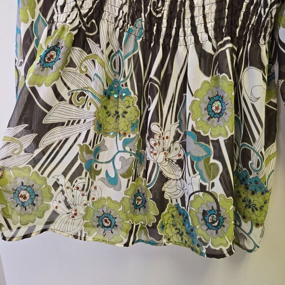 Women's Sheer Green Brown Hippy Floral Print Peasant Top M 3/4 Sleeve Boho Style - Picture 10 of 10